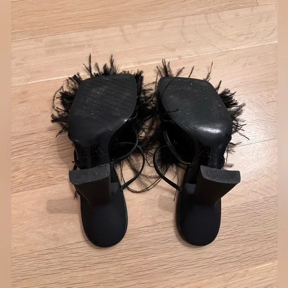 Zara Black Feather Trim Square-Toe Heel Mules - Picture 5 of 5